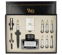 Wordsworth & Black Set de Calligrafía con Botella de Tinta, 6 Cartuchos, Convertidor y 6 Puntas de Repuesto, Paquete Premium, Diario [Cromo Negro]