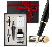 Wordsworth & Black Set de Plumas Estilográficas, plumín medio y extrafino chapado en oro de 18K, tinta negra 25ML, 6 cartuchos, convertidor, caja regalo - Negro Oro, para hombres y mujeres.
