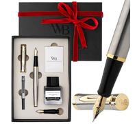 Wordsworth & Black Set de Plumas Estilográficas, plumín medio y extrafino chapado en oro de 18K, tinta negra 25ML, 6 cartuchos, convertidor, caja regalo - Plata Oro, para hombres y mujeres.
