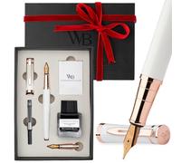 Wordsworth & Black Set de Plumas Estilográficas, plumín medio y extrafino chapado en oro de 18K, tinta negra 25ML, 6 cartuchos, convertidor, caja regalo - Blanco Oro Rosa, para hombres y mujeres.