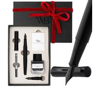 Wordsworth & Black Set de Plumas Estilográficas, plumín medio y extrafino chapado en oro de 18K, tinta negra 25ML, 6 cartuchos, convertidor, caja regalo - Todo Negro, para hombres y mujeres.