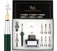 Wordsworth & Black Set de Regalo de Pluma Caligráfica, Incluye Botella de Tinta, 6 Cartuchos, Convertidor de Recarga, 6 Puntas de Repuesto, Paquete Premium, Diario [Cromo Verde]
