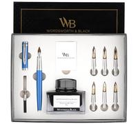 Wordsworth & Black Set de regalo de pluma de caligrafía. Incluye tintero, 6 cartuchos de tinta, convertidor de recarga, 6 puntas de repuesto, paquete premium, para diario [azul cromado]