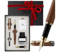 Wordsworth & Black's Juego de Pluma Estilográfica, Lujo en Madera de Bambú - Punta Mediana, Punta Extra Fina, Estuche de Regalo; Botella de Tinta Negra de 25ML, 6 Cartuchos de Tinta [Madera Marrón]