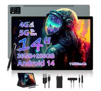 WOREGOO 14 Pulgadas Android 14 Tablet, 5G WiFi y 4G LTE Touch, 36GB RAM + 256GB ROM (1TB TF), Octa-Core/Pantalla 2000 * 1200HD 2K/BT5.0/13MP + 8MP/11580mAh/GPS con Funda y Stylus, Gris