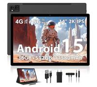 WOREGOO 14 Pulgadas Android 15 Tablet, 5G WiFi y 4G LTE Touch, 36GB RAM + 512GB ROM (1TB TF), Octa-Core/Pantalla 2000 * 1200FHD 2K/BT5.0/13MP + 8MP/11580mAh/GPS con Funda y Stylus, Negro