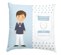 Worfull Regalos Cojín comunión niñas y niños. Regalos comunión Personalizados con Nombre y Texto y Cambios de Color de Pelo. Cojín Personalizado. Varios diseños. (Niño Moreno)