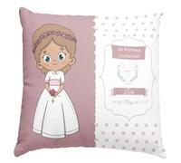 Worfull Regalos Cojín comunión niñas y niños. Regalos comunión Personalizados con Nombre y Texto y Cambios de Color de Pelo. Cojín Personalizado. Varios diseños. (Niña Castaña)