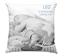Worfull Regalos Cojín Nacimiento Personalizado Puro Amor Frente y Dorso con Foto del bebé y Datos. NIÑAS-NIÑOS, Regalo Original - Cojín Natalicio para recién Nacidos - Bautizo - Regalo Original.