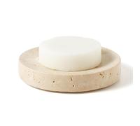 WORHE Jabonera de mármol, soporte de esponja de piedra travertino natural | 10,5 x 10,5 x 1,8 cm para baño, bañera, ducha, fregadero de cocina, beige (WH046)