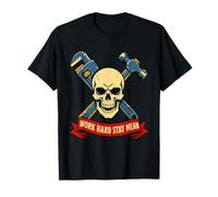 Work Hard Stay Mean Skull Tools Tattoo Flash Blue Collar Camiseta