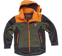 Work Team Chaqueta Caza y Pesca Impermeable combinada Tricolor. Cuello Alto y Capucha Desmontable con cordón elástico y Pieza Ajustable. Cubrecosturas Hombre Verde Caza+Naranja A.V.+Negro XL