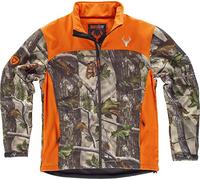 Work Team Chaqueta Caza y Pesca workshell Estampada con Motivos Vegetales, con canesús y costadillos a Contraste. Cuello Alto y cubrecosturas Interior Hombre Camuflaje Bosque Verde+Naranja A.V. M