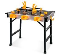 WORKESS Banco de Trabajo portátil con Capacidad de 453,6 kg, Mesa de Trabajo Plegable Resistente con 2 Pinzas rápidas, 4 Perros de Banco, 3 Cajas de Herramientas para Garaje y fácil Almacenamiento