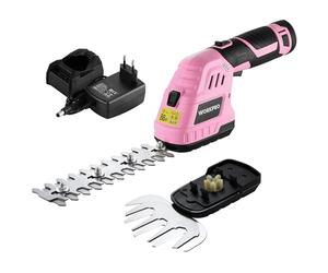 WORKPRO 12V Tijera Cortacésped y Arreglasetos 2 en 1, Cortasetos Eléctrico para Césped y Arbustos con 2 Cuchillas, Batería y Cargador, Tijeras Arreglaseto Ancho de Corte 12,5 cm Jardinería, Rosa