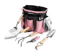 WORKPRO 8-Piezas Juego de Herramientas para Jardín de Color Rosa, Juego de Herramientas Jardinería de Acero Inoxidable, con Mango de Madera y Bolsa de Jardín