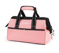 WORKPRO Bolsa de herramientas de 13 pulgadas, bolsa de almacenamiento de herramientas de tela suave rosa, bolsa de herramientas de boca ancha con bolsillos interiores, cinta rosa