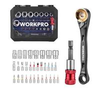 WORKPRO Carraca 1/4 Cr-V con Juego de Llaves de Vaso - Juego de Carraca 34 Piezas con Destornillador Magnético y Adaptador - Herramienta Compacta para Bricolaje y Reparación