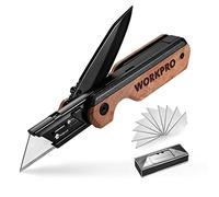 WORKPRO Cuchillo Plegable y Navaja 2 en 1, Cuter Utilitario de Aluminio, Navaja con Mango de Madera y Clip para Cinturón, Cambio Rápido, con 10 Cuchillas SK5 Extra