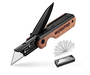 WORKPRO Cuchillo Plegable y Navaja 2 en 1, Cuter Utilitario de Aluminio, Navaja con Mango de Madera y Clip para Cinturón, Cambio Rápido, con 10 Cuchillas SK5 Extra
