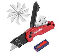 WORKPRO Cúter Plegable con Mango Aluminio Rojo, Cuchillo Plegable de Cambio Rápido, con Almacenamiento de Hoja y Clip para Cinturón, incluido 14 Hojas Cuchillas