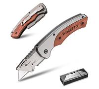WORKPRO Cúter Plegable con Mango de Madera y Cambio Rápido | Incluye 10 Cuchillas SK5, Clip Para Cinturón, Cutter Profesional Para Uso Diario
