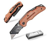 WORKPRO Cúter Plegable con Mango Madera, Cuchillo Plegable de Cambio Rápido, Cutter con Clip para Cinturón, con 10 Cuchillas SK5