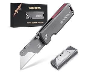 WORKPRO Cúter Plegable de Titanio CNC, Navaja Utilitaria Profesional con Mango de Aluminio Ligero, Incluye 10 Cuchillas Adicionales