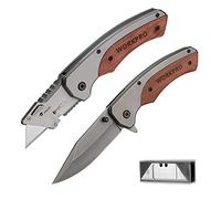 WORKPRO Cúter Plegable y Cuchillo Plegable con Mango Madera, Cuchillo Plegable de Cambio Rápido, con Clip para Cinturón, con 10 Cuchillas SK5, Navaja Plegable para Camping