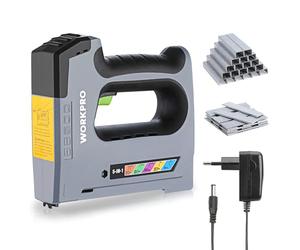 WORKPRO Grapadora Inalámbrica, Pistola de Grapas a Batería 3,6 V, Grapadora Multifunción 5 en 1, Compatible con Clavos y Grapas Tipo 140, 53, 8, 9, T20, ideal para Decoración y Bricolaje