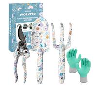 WORKPRO Herramientas Jardineria 4PC, Juego de Herramientas para Jardín con Rastrillo, Pala de Mano, Tijeras de Podar, Guantes, Estampado Floral
