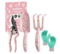 WORKPRO Herramientas Jardineria 4PC, Juego de Herramientas para Jardín con Rastrillo, Pala de Mano, Tijeras de Podar, Guantes, Estampado Floral, Rosa