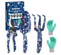 WORKPRO Herramientas Jardineria 4PC, Juego de Herramientas para Jardín con Rastrillo, Pala de Mano, Tijeras de Podar, Guantes, Estampado Floral y de Insectos