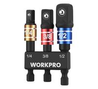 WORKPRO Juego de Adaptadores para Vasos 3 Piezas, Adaptador de Vaso para Taladro con Vástago Hexagonal 1/4", Convertidor 1/4", 3/8" y 1/2", Adaptador para Llave de Impacto y Atornillador