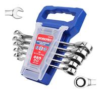 WORKPRO Juego de llaves de trinquete, métricas, juego de llaves combinadas de trinquete de 5 piezas, 10 mm, 11 mm, 13 mm, 14 mm, 15 mm, 12 puntos, acero CR-V, con estante organizador