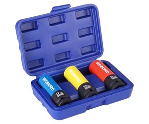 WORKPRO Juego de Vasos para Llanta 3 Piezas, Vasos de Impacto 1/2", 17/19/21 mm, con Protección Plástica, Acero Cr-Mo, Diseño de Pared Fina, con Caja de Almacenamiento