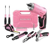 WORKPRO Kit de destornilladores eléctricos con herramientas para el hogar, juego de 18 piezas de caja de herramientas rosa que incluye destornillador inalámbrico recargable de 3.7 V. Kit de