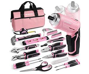 WORKPRO Kit de Herramientas con Destornillador Eléctrico, 53 Piezas Herramientas con Bolsa Rosa Portátil, Herramientas Duraderas y Resistentes, Perfecto para Bricolaje, Mantenimiento del Hogar