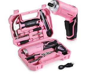 WORKPRO Kit de Herramientas Rosa con Destornillador Eléctrico 3,7V