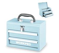 WORKPRO Maletín de Herramientas Metálico con 2 Cajones, Organizador Portátil Pequeño con Asa y Cerradura, Caja de Herramientas para Uso Doméstico, Oficina y Taller- Azul Macaron