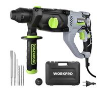 WORKPRO Martillo Perforador 1050W SDS Plus, Taladro Percutor Eléctrico con 4 Funciones, Velocidad Variable y Mango Giratorio 360°, Incluye Brocas para Hormigón, Madera y Metal