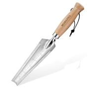 WORKPRO Pala de Jardín 32 cm Tipo Hori Hori 4 en 1, Herramienta de Jardinería con Mango de Madera, Hoja Dentada y Recta, Marcas de Profundidad, Orificio para Colgar para Desherbar, Plantar y Cavar