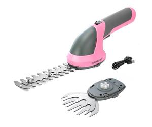 WORKPRO Tijeras Cortacésped y Arreglasetos 2 en 1, 7,2 V Cortasetos a Batería 2 Ah, Tijeras Arreglaseto con 2 Tipos de Cuchillas Ancho de Corte 100 mm, 150 mm, Herramienta para Jardín (Rosa)