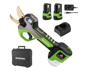 WORKPRO Tijeras de Podar Electricas de 12V, con Motor sin Escobillas, Podadora Eléctrica con Pantalla, Tijeras de Podar Bateria, con 2 Baterías de 2,0 Ah, para Jardines, Ramas y Árboles Frutales