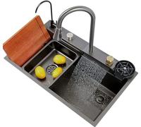 Workstation Kitchen Sink with Flying Rain Waterfall Faucet Single Basin Dishwasher Sink Pull-out Tap Chopping Board & Cup Washer 80x45cm Black - Ideal for Modern Homes