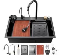 Workstation Sink 68x46cm Dual Bowl Stainless Steel with Pull-out 3-in-1 Faucet Waterfall Design Includes Cutting Board Draining Basket & Pressure Pot Washer Black-Gray
