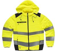 WORKTEAM Cazadora Acolchada Alta Visibilidad y Cintas Reflectantes Inclinadas con Capucha Interior. Unisex Amarillo A.V.+Negro 3XL