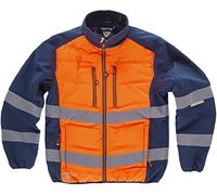 WORKTEAM Cazadora Workshell combinada con Acolchado de Alta Visibilidad y Cintas Reflectantes Inclinadas. Unisex Marino+Naranja A.V.-XL