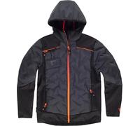WORKTEAM Chaqueta Acolchada Hombre Tejido Workshell, Capucha Desmontable con Cremallera, Bolsillo con Portaidentificador, Bolsillos con Cremallera, repelente al agua Gris oscuro+Negro+Naranja L