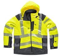 WORKTEAM Chaqueta Softshell de ALTA VISIBILIDAD, Cintas Reflectantes Discontinua, Capucha, Cortavientos, Repelente Agua, Membrana Transpirable y Alta Capacidad Térmica. Unisex Amarillo A.V.+Gris M